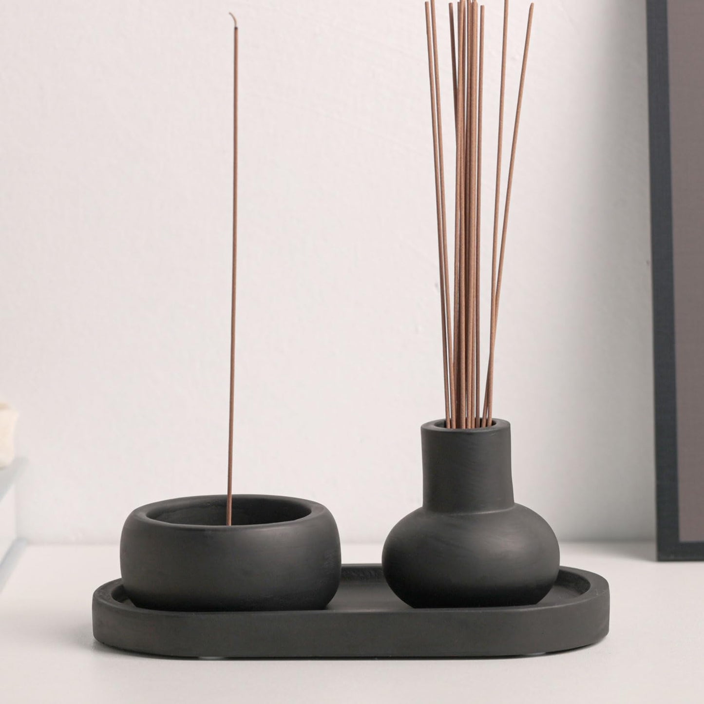 Concrete Incense Burner Set with Holder and Tray,Multifunction Incense Holder for Burning Sage,Palo Santo,Incense Sticks,Ideal for Meditation Home Decor(Black)