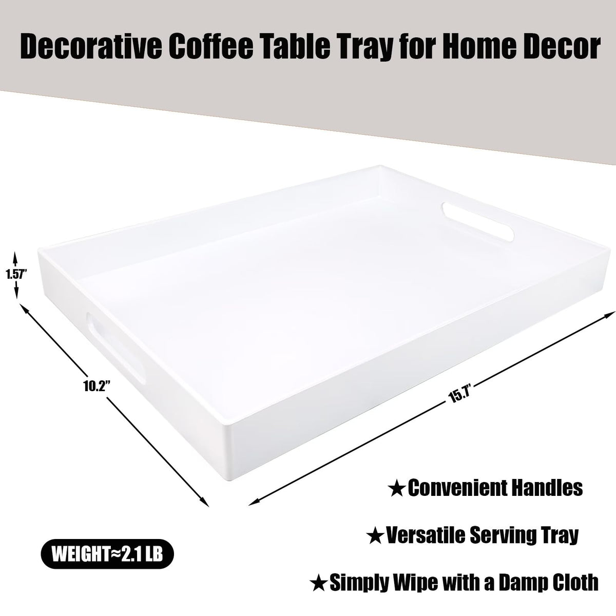 SforGUVA White Serving Tray for Coffee Table, Rectangular Plastic Decorative Tray with Handles for Entertaining, Outdoor Patio, Living Room, Ottoman, Bathroom Counter, 11.8”*15.7”*1.6”