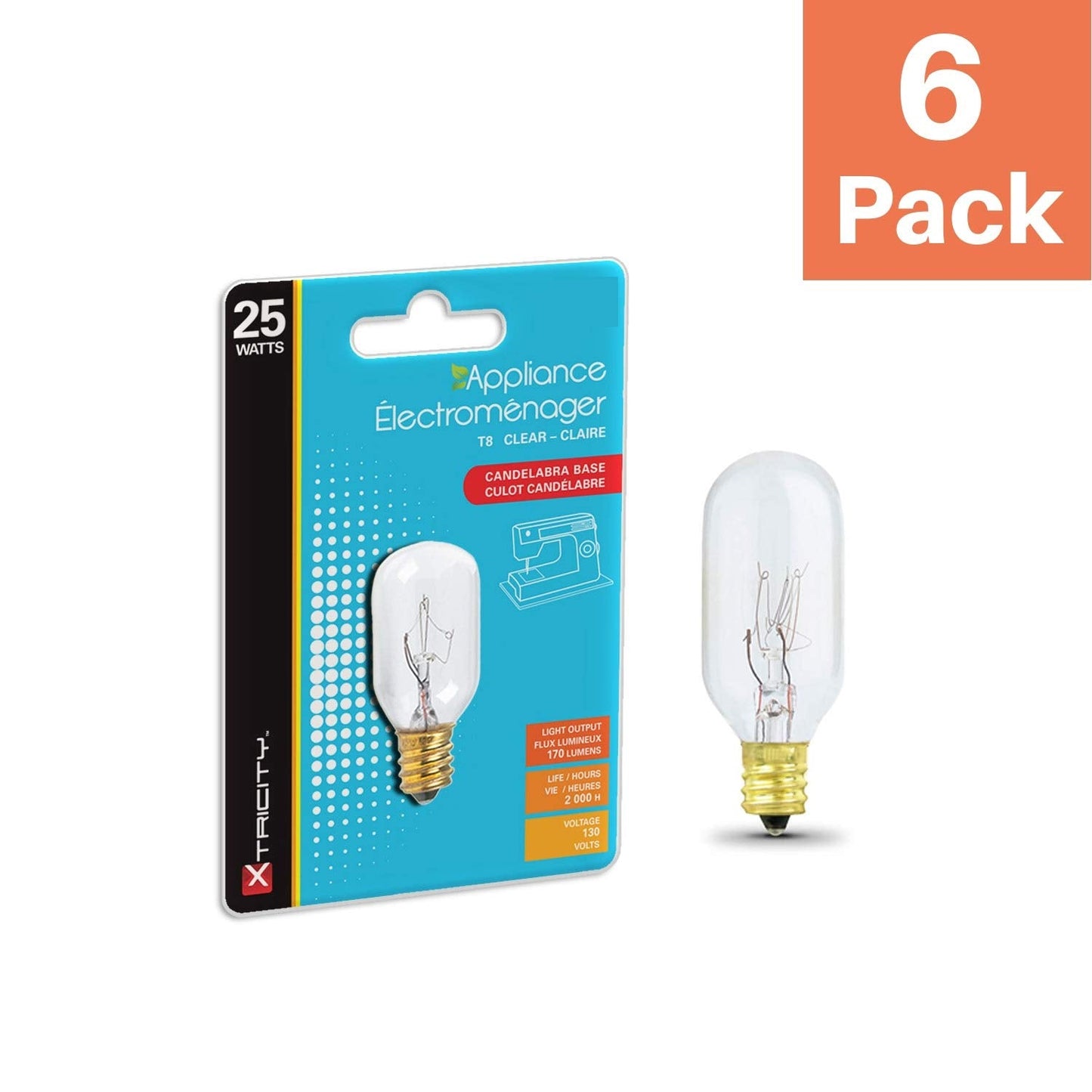 Xtricity 25W Incandescent Appliance and Himalayan Salt Lamp Light Bulb, T8, E12 Candelabra Base, Dimmable, 130V (6 Pack)