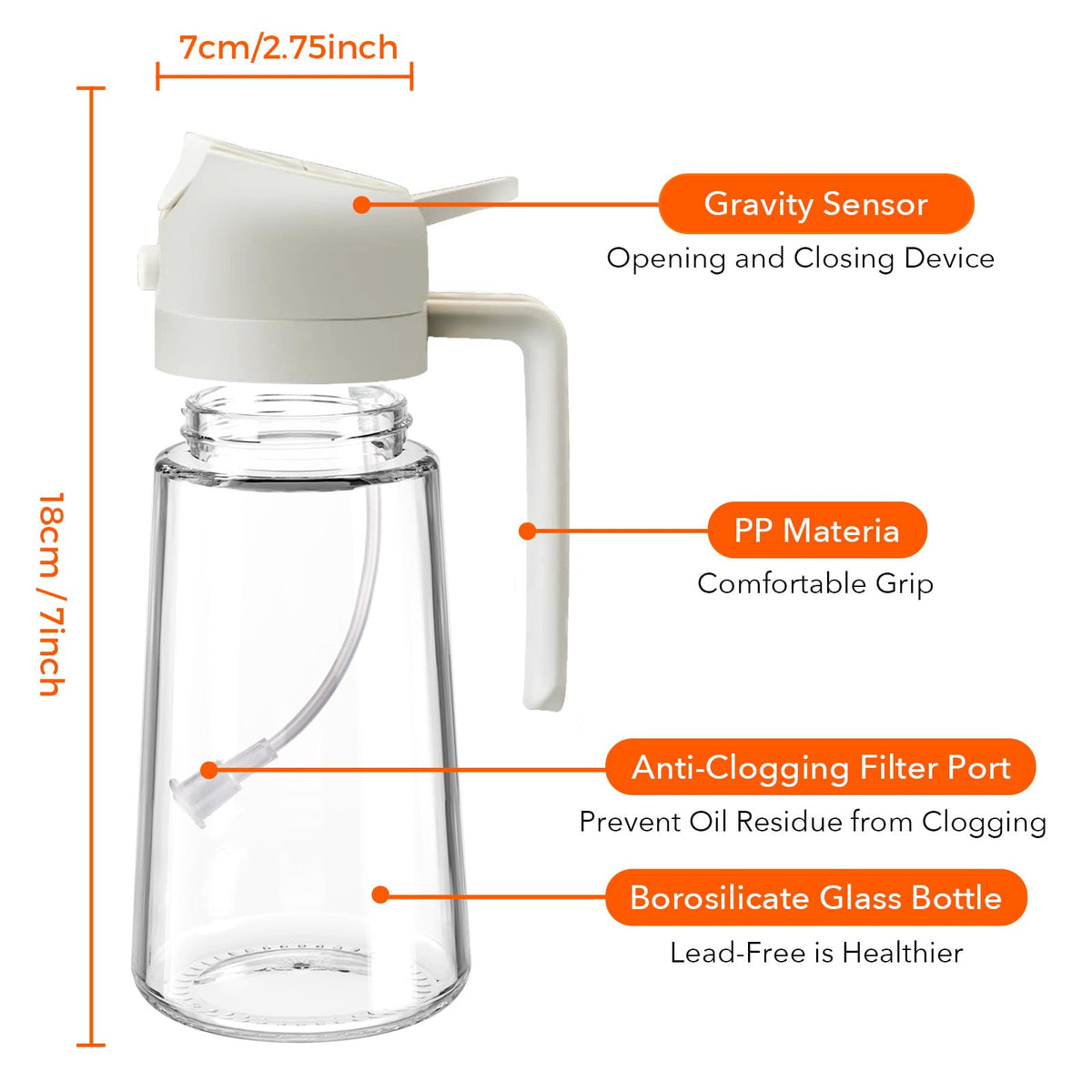 YRRAMATE 16oz/470ml Glass Olive Oil Sprayer for Cooking with Stickers, 2 in 1 Oil Dispenser for Kitchen Gadgets, Food Grade Premium Spray Bottle for Salad, Frying, BBQ (Creamy White)