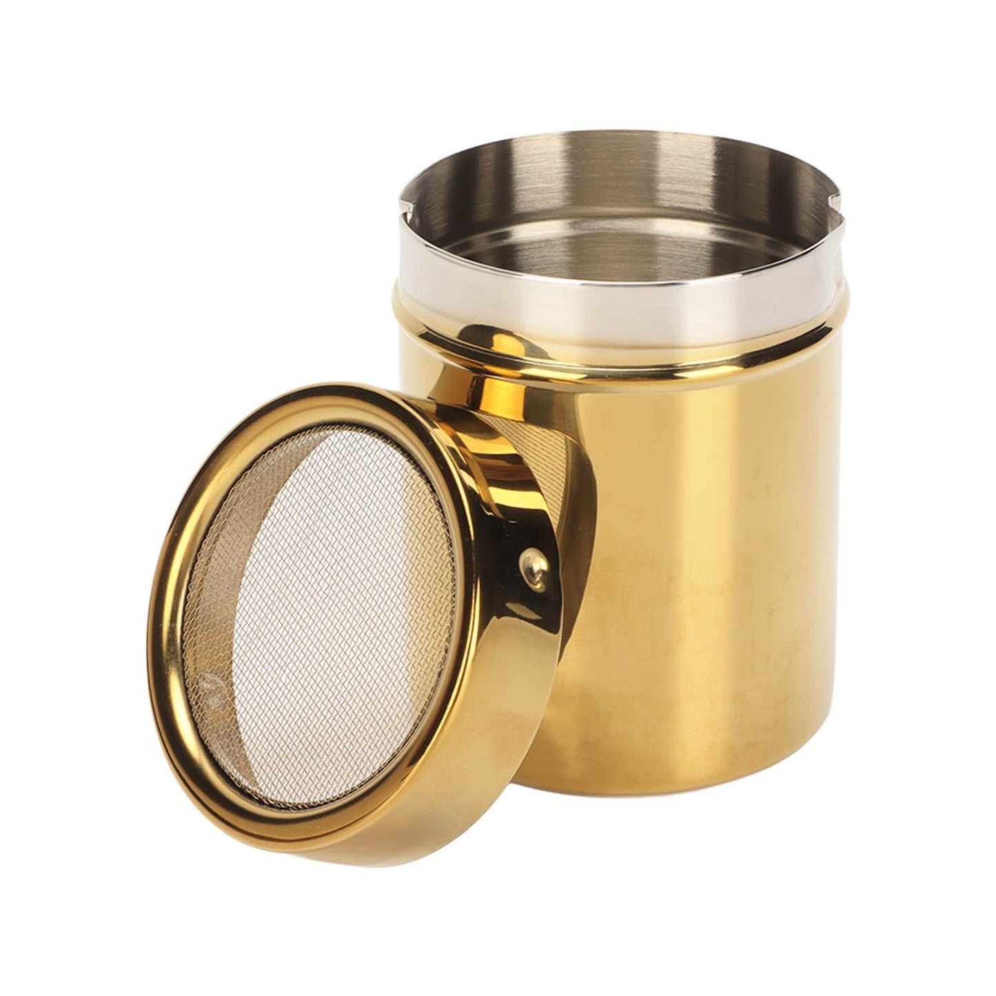 Stainless Steel Powder Shaker, Coffee Cocoa Dredges with Fine Mesh Lid, 2.8 x 3.5 inch Powder Sugar Shaker for Coffee Cocoa Chocolate Cinnamon, Gold