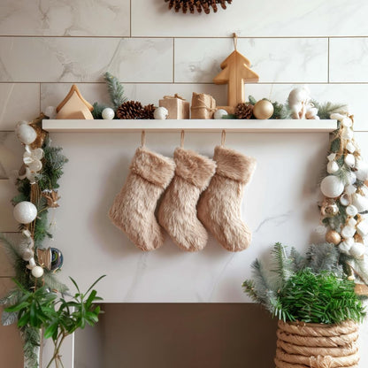AOGU 3 Pack 19 Inch Beige Christmas Stockings Faux Fur Xmas Christmas Stockings Hanging Ornaments Candy Gift Bags for Christmas Decorations