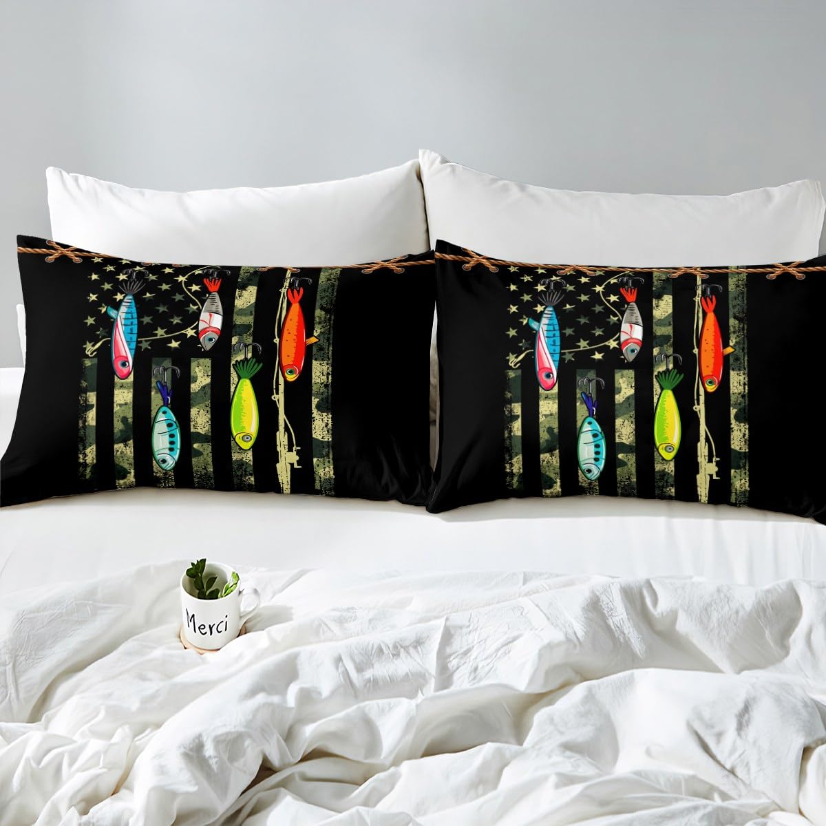 Castle Fairy Fishing Lure Bed Sheet Set for Boys Girls,Green Camouflage American Flag Bed Sheet Set Full Size Bedding Set,Camo Fish Print Fisherman Gift Fitted Sheet and 1 Flat, 2 Pillow Sham