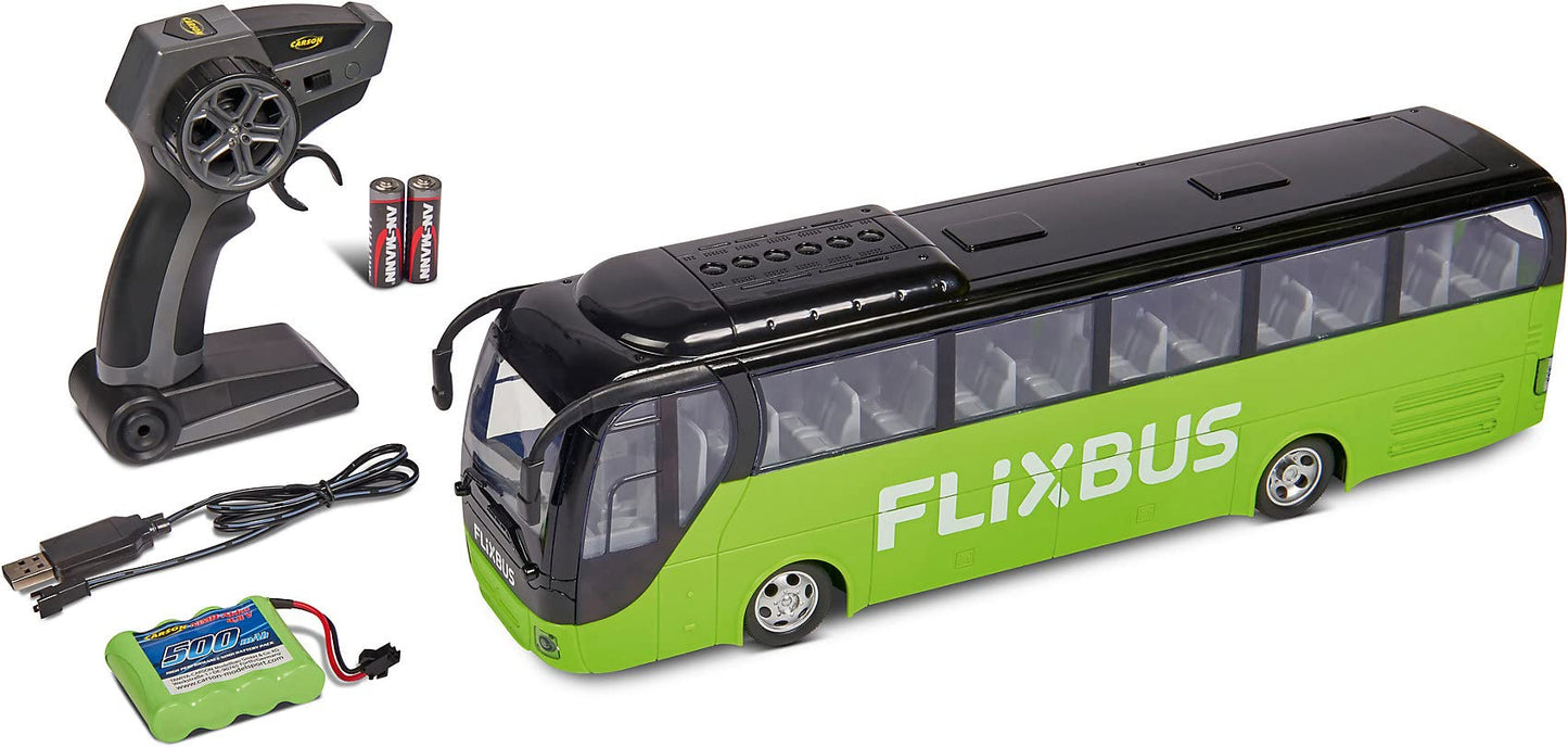 Carson 500907342 FlixBus 2.4GHz - 100% Ready to Drive, Toy Bus, Toy Car, Remote Controlled Car, for Children from 8 Years, Driving Time Approx. 60 Minutes, Colourful