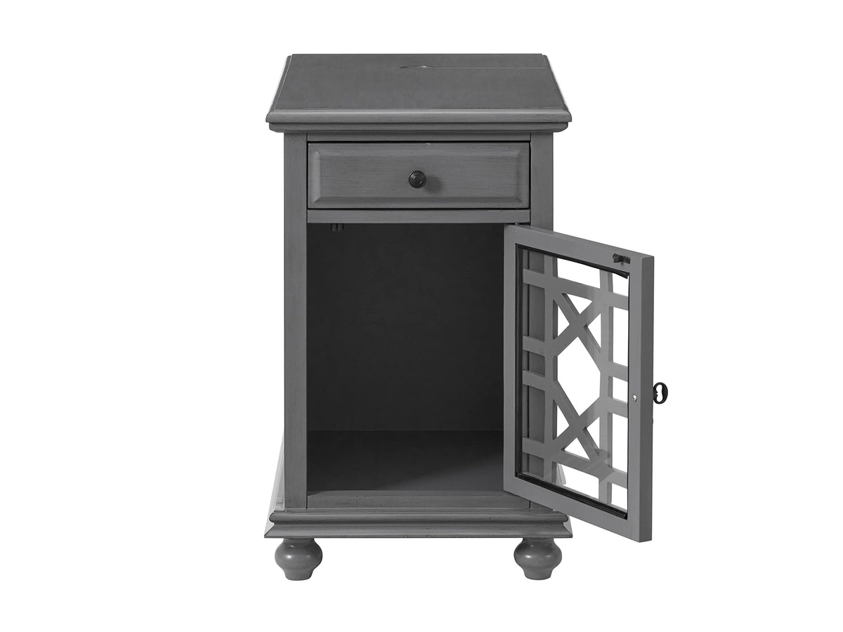 Martin Svensson Home Elegant Chairside End Table with Power — 24″W x 16″D x 25″H, Gray — Transitional Painted Accent Table with Flip-Top USB Charging, Drawer & Cabinet Storage