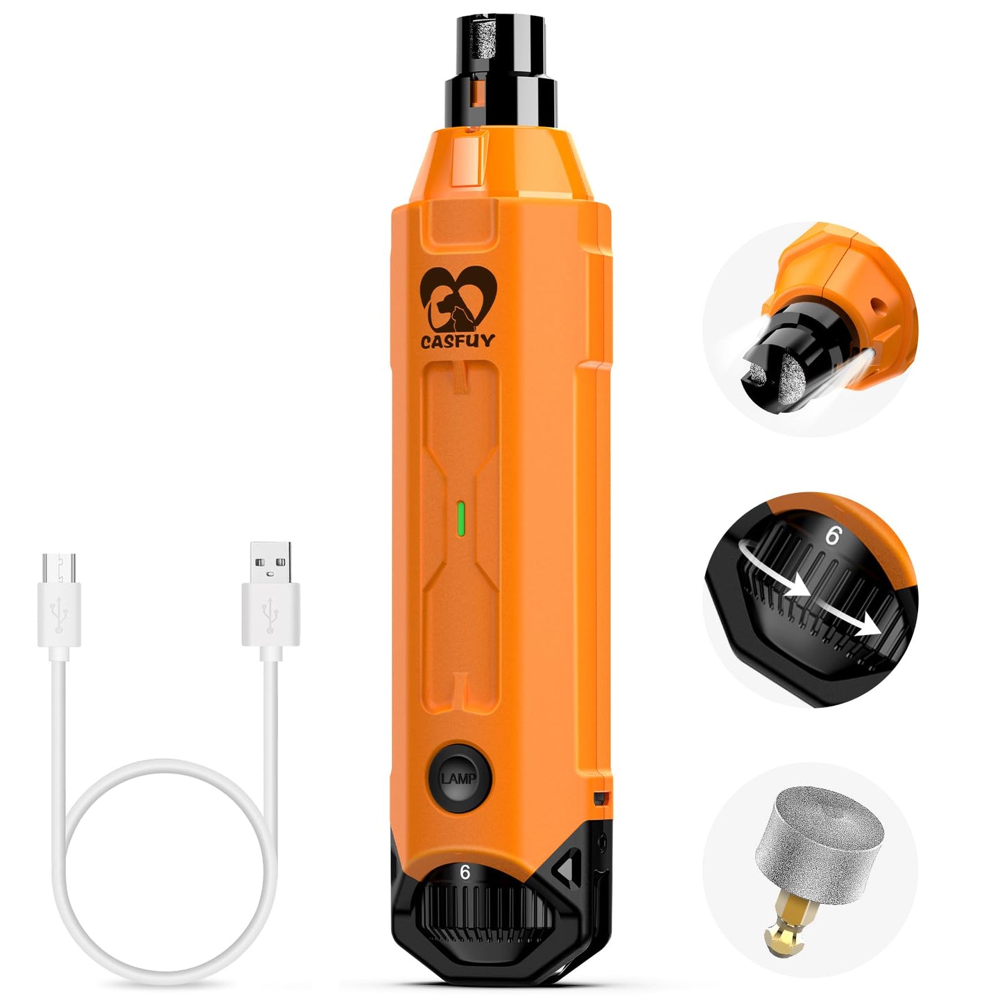 Casfuy 6-Speed Dog Nail Grinder - Newest Enhanced Pet Nail Grinder Super Quiet Rechargeable Electric Dog Nail Trimmer Painless Paws Grooming & Smoothing Tool for Large Medium Small Dogs
