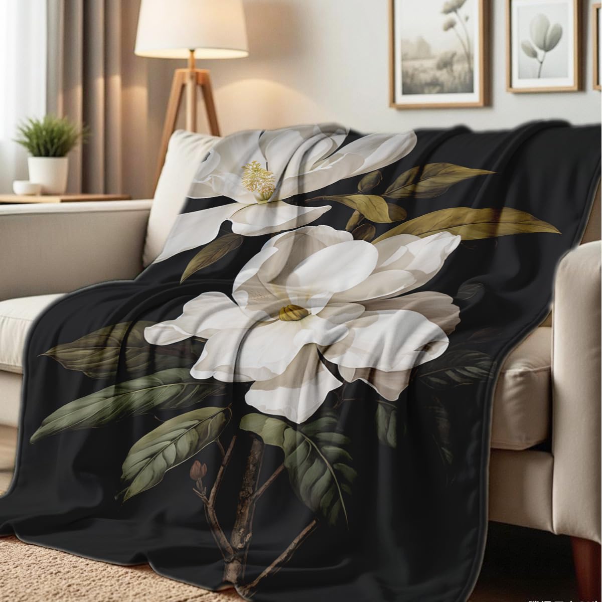 HUNXIAOJ Magnolia Print Blanket Black and White Throw Soft Magnolia Flannel Blanket Flower Bedding Decor Gifts Botanical Floral Throw for Bed Couch (59"x78")