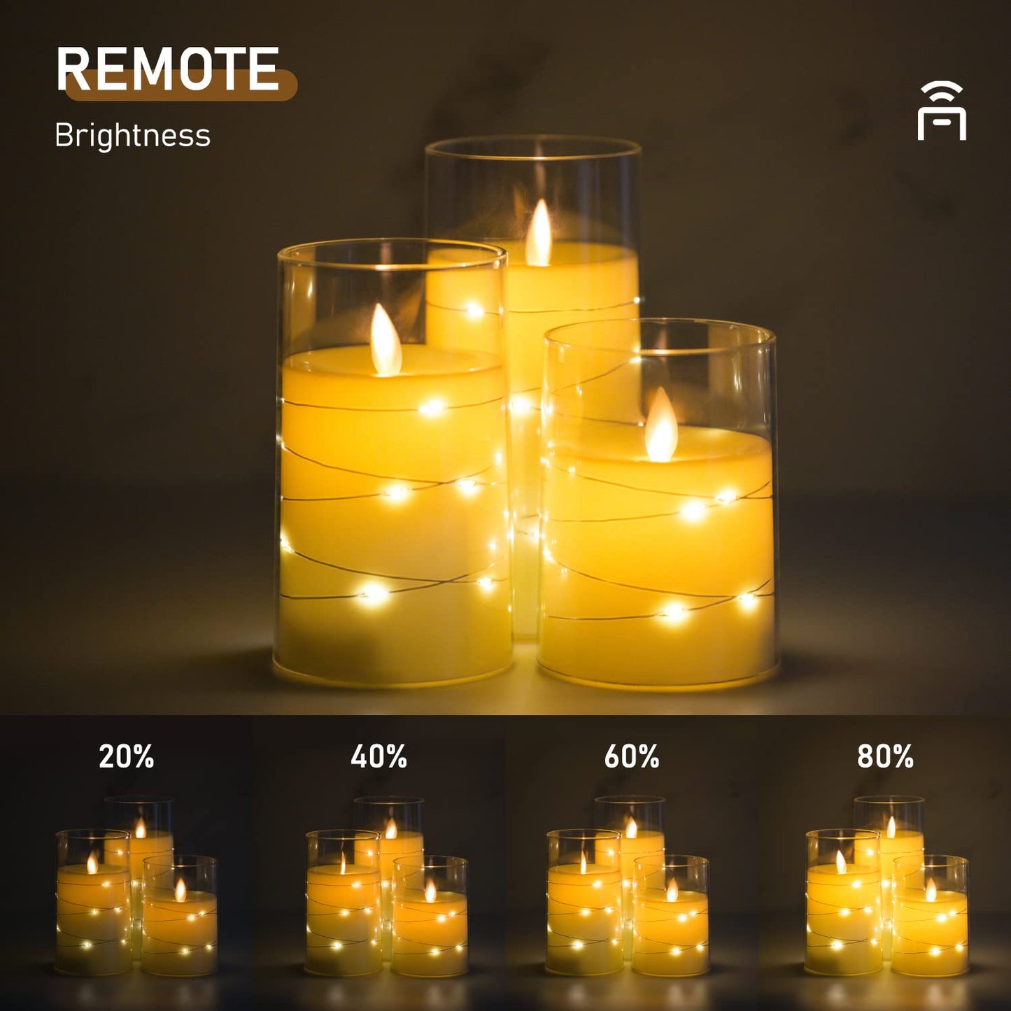 salipt LED Flameless Candles, Battery Operated Flickering Candles, Moving Flame Electric Candle Sets Glass Effect with Remote Timer, Set of 3, H 4" 5" 6" - Fairy Lights Ivory