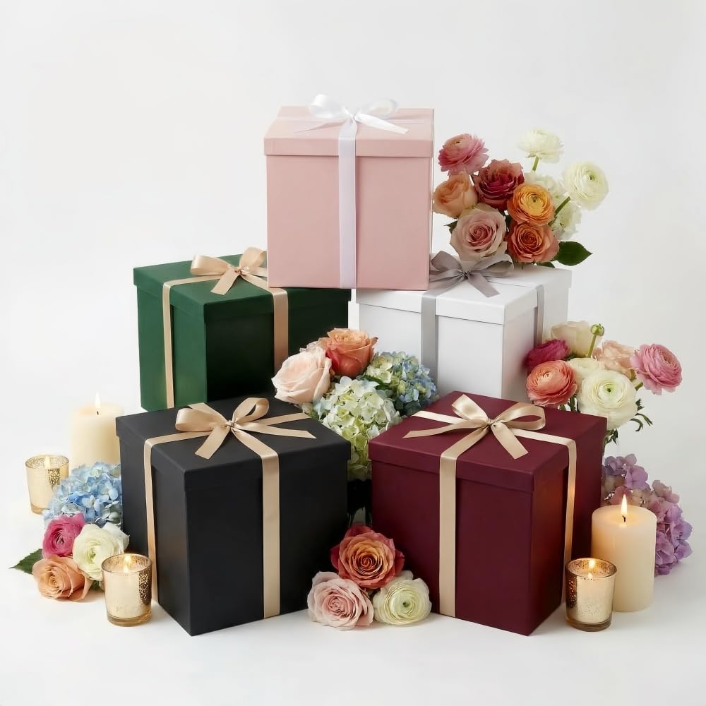 UoeRing Glossy White Large Gift Box 1Pcs 12x12x11 Inch,Gift Box with Lid for Presents Birthdays,Christmas Valentine's Day,Mother's Day, with Ribbon Card Envelope Shredded Paper Fill