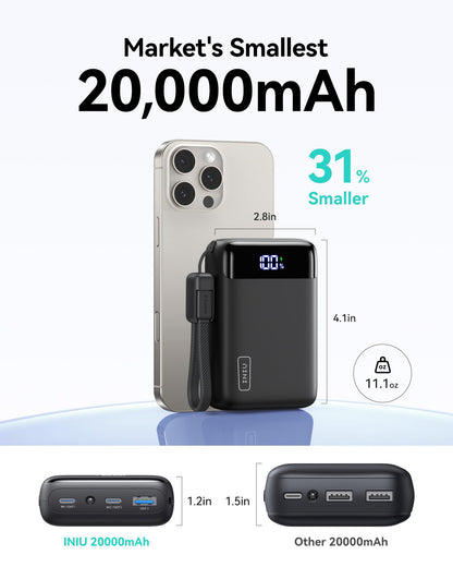 INIU Portable Charger, Smallest 22.5W 20000mAh USB C in & Out Power Bank Fast Charging, PD 3.0+QC 4.0 LED Display Phone Battery Pack Compatible with iPhone 17 16 15 14 Pro Samsung S24 Google iPad etc