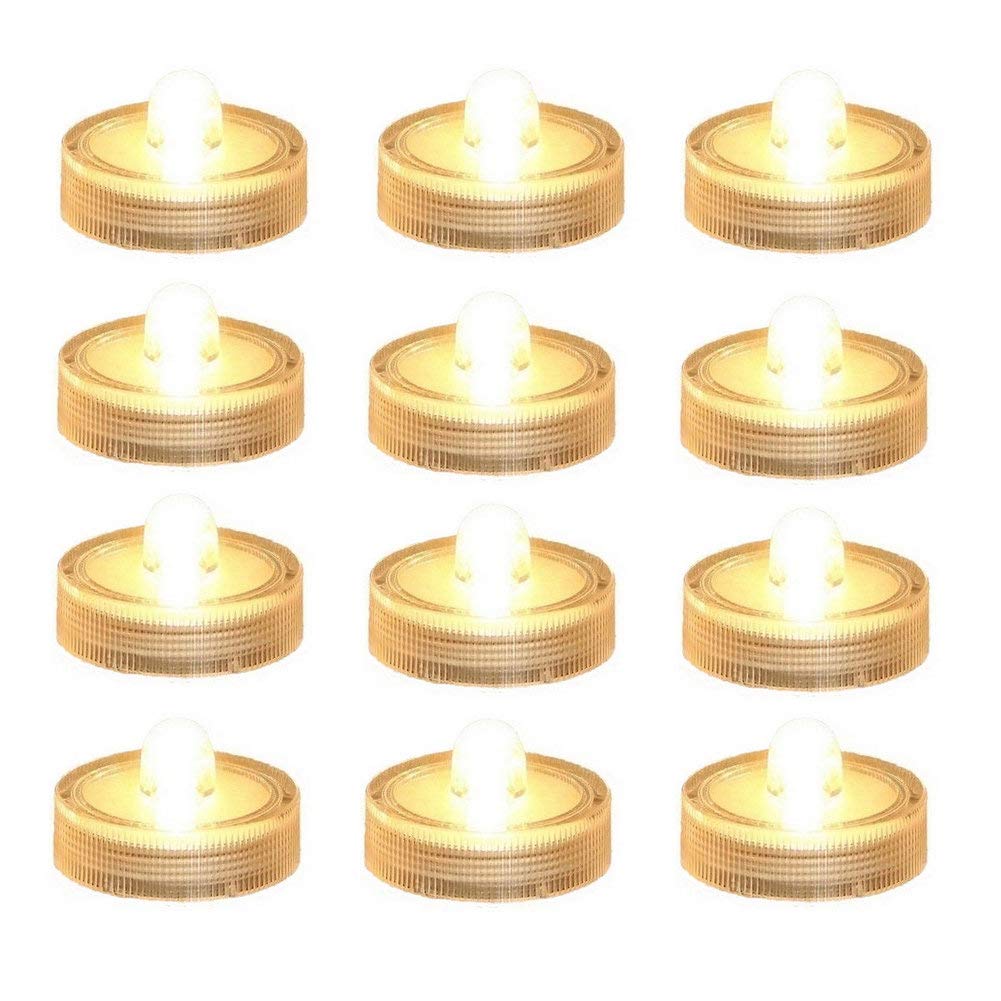 Bright LED Battery Operated Flameless Tea Light, Submersible Tea Candle Waterproof Decorations Underwater Vase Light for Party & Wedding, Pack of 12, Warm White
