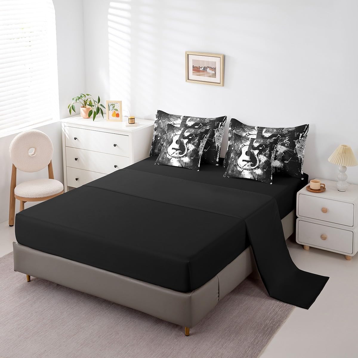 Feelyou Guitar Comforter Set with Sheets Queen Size Rock Music Bed in a Bag for Boys Girls Teens Black Gray 7 Pieces Bedding Set Soft Lightweight Microfiber