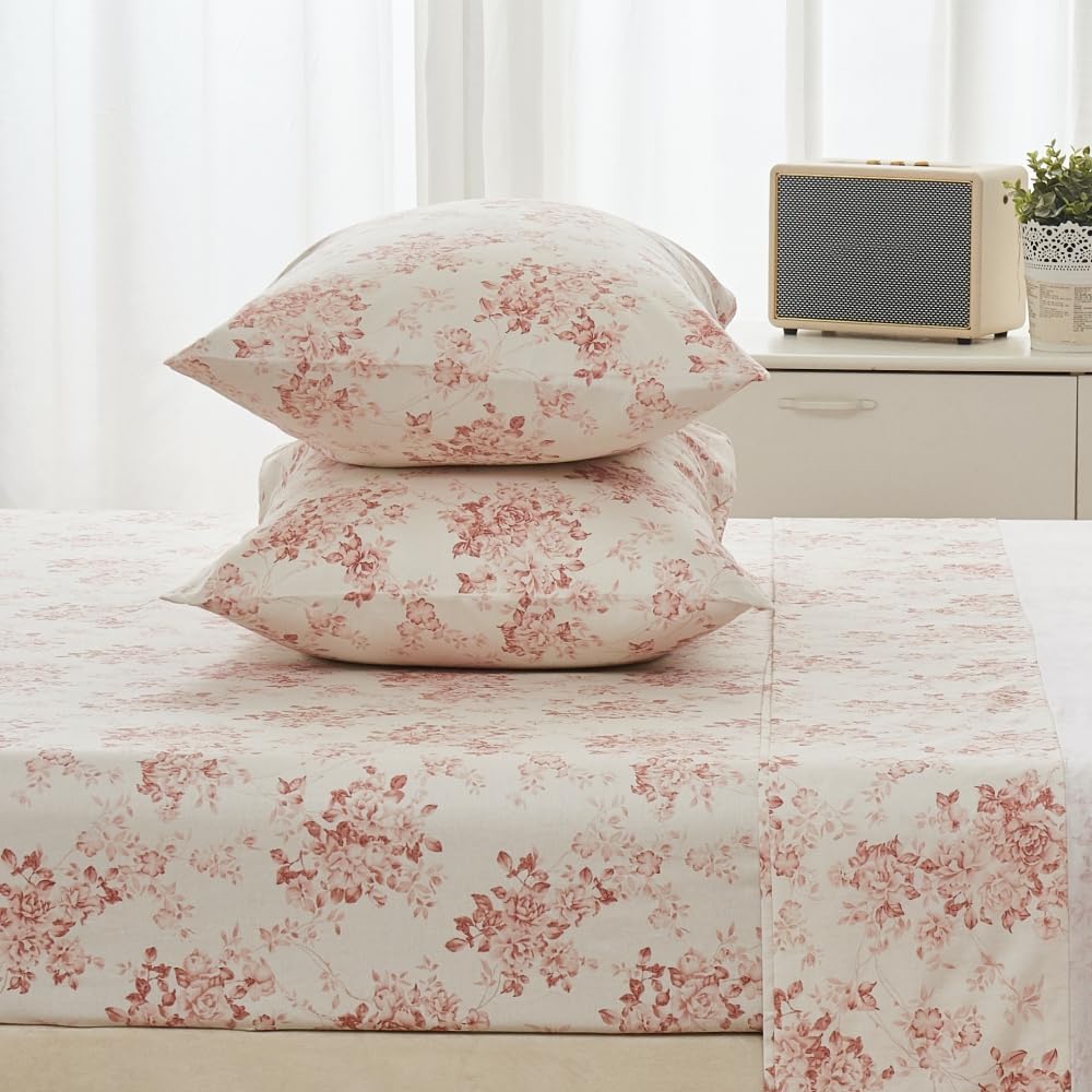 DAUAOTO 100% Cotton Bedding Printed Sheets Set for Full Size Bed Up to 14" Deep Mattress, Toile Rose Floral Pattern Bedlinen Sets, Pale Red