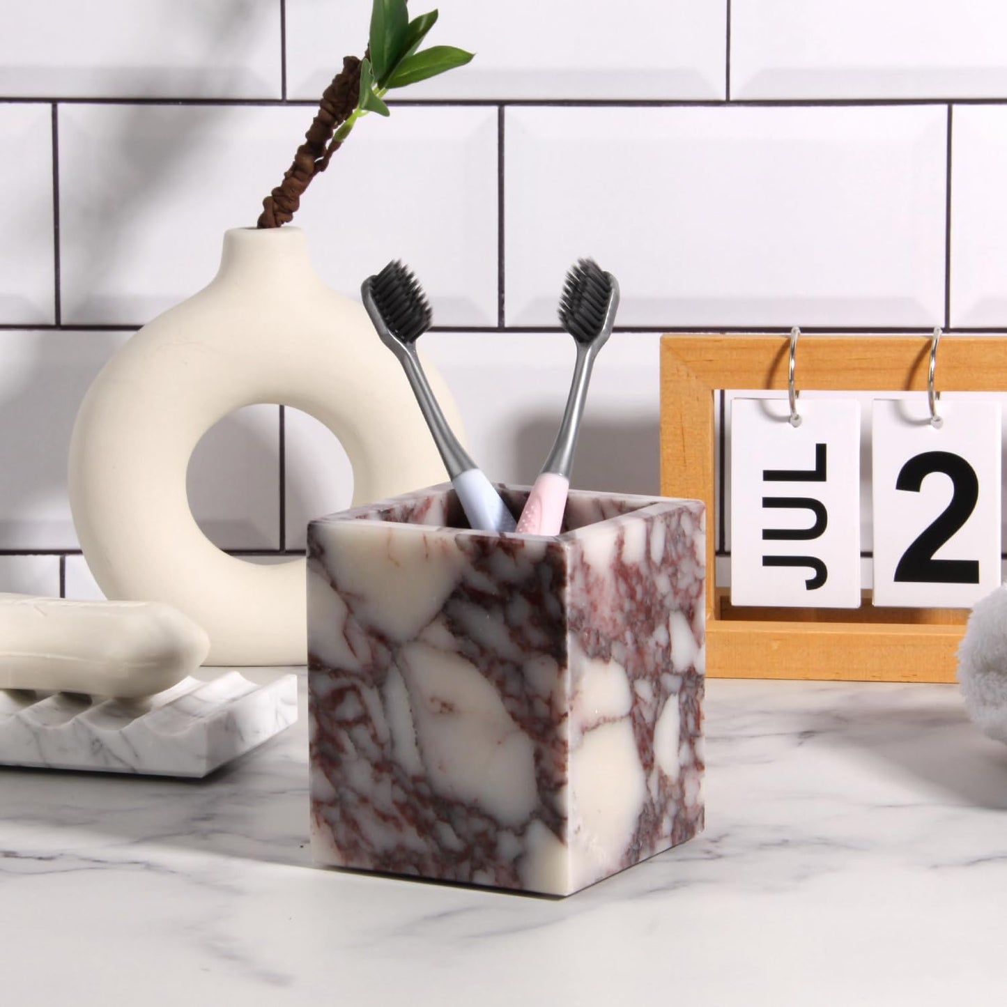 Natural Marble Toothbrush Holder for Bathroom Countertop (8.5x8.5x10cm) - Multifunctional Organizer for Makeup Brushes, Vanity Accessories & Utensils Sink (1, Calacatta Viola)
