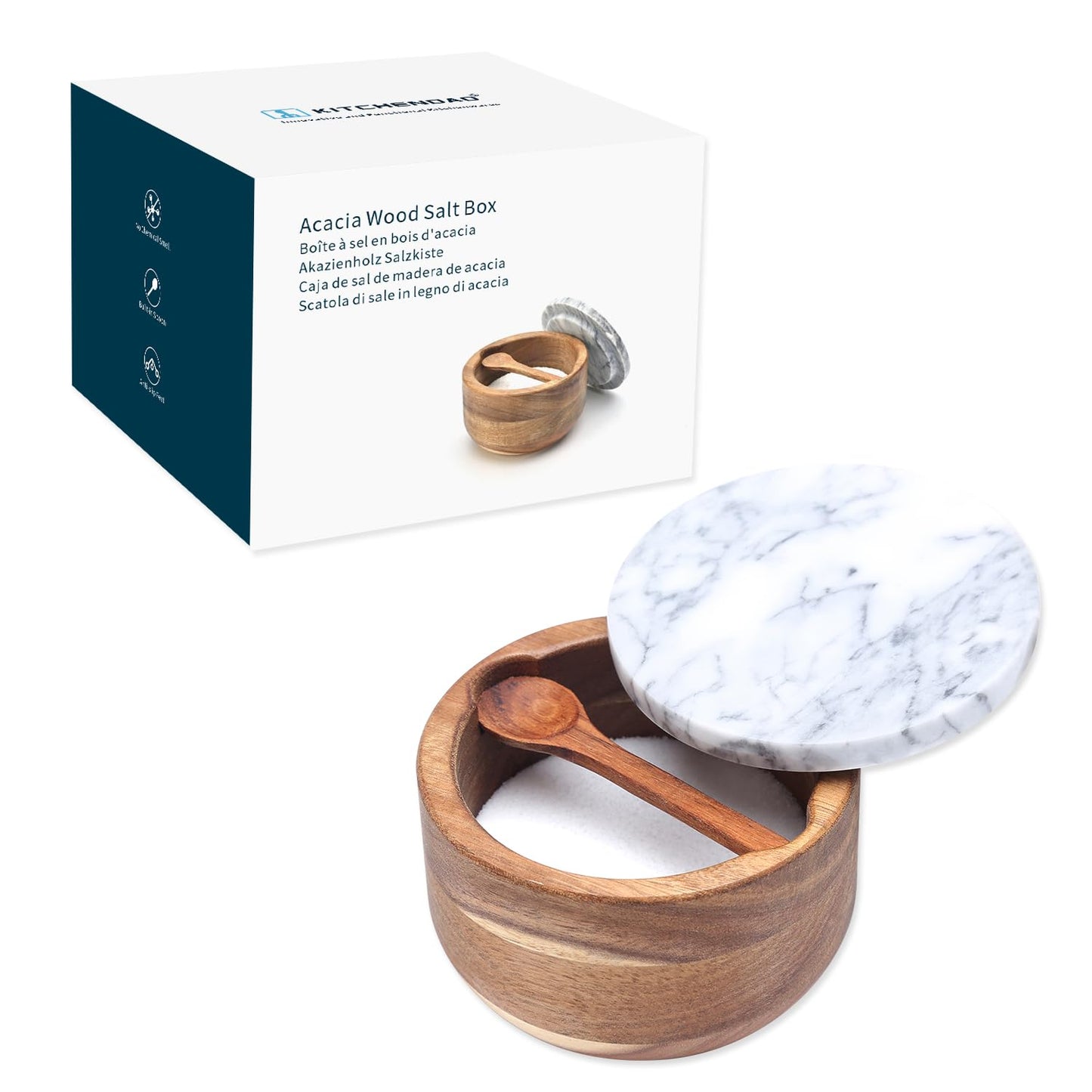 KITCHENDAO Large Acacia Salt Cellar Box Bowl with Built-in Spoon and Marble Lid, Natural Acacia Wood Bath Sea Salt Container, Pepper Sealer Pinch Bowl, 10oz Capacity