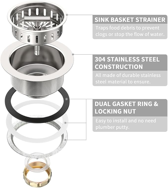 KONE 3-1/2 Inch Kitchen Sink Drain Strainer Assembly Made by All Stainless Steel
