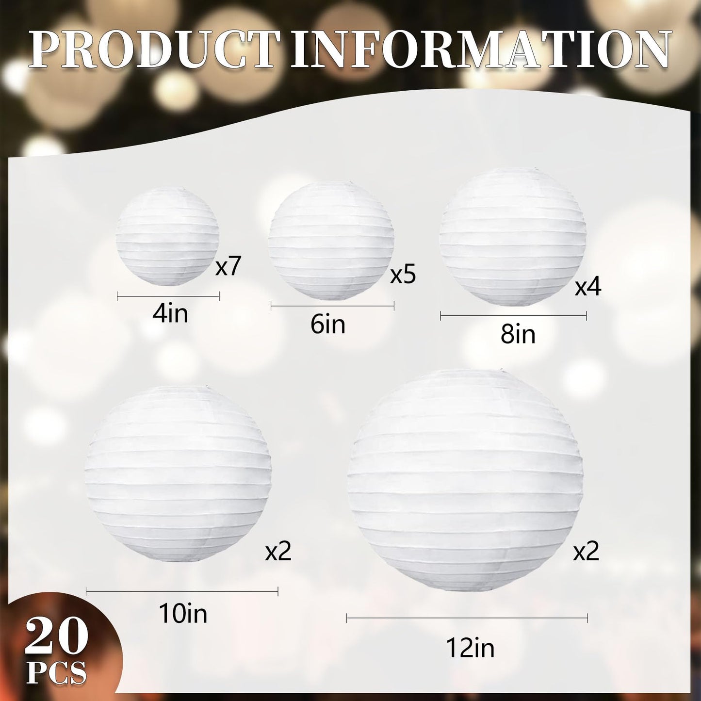 20Pcs White Paper Lanterns for Parties, 6” 8” 10” 12” Chinese Asian Hanging Round Paper Lanterns for Birthday Wedding Halloween Christmas Home Decor Party Decor