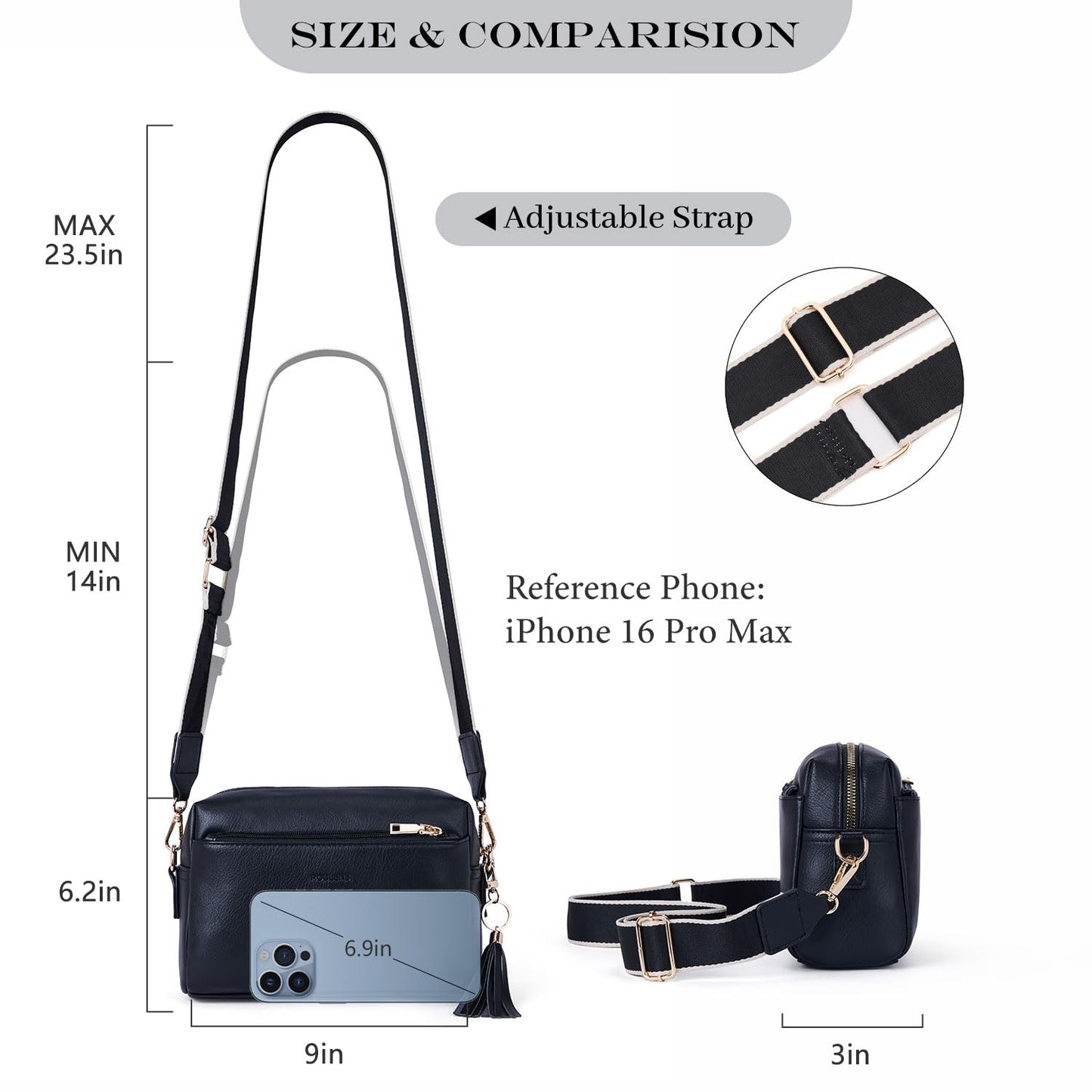 Roulens Small Crossbody Bag with 3 Zip Compartments,Vegan Leather Phone Bag for Women,Shoulder Bag with Adjustable and Removable Wide Strap