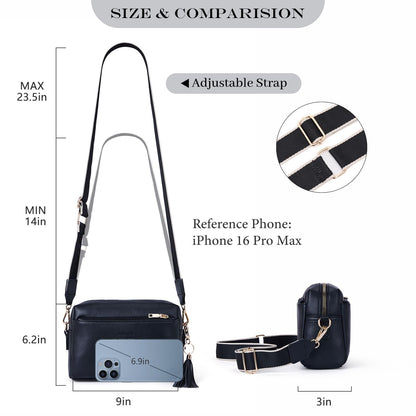 Roulens Small Crossbody Bag with 3 Zip Compartments,Vegan Leather Phone Bag for Women,Shoulder Bag with Adjustable and Removable Wide Strap