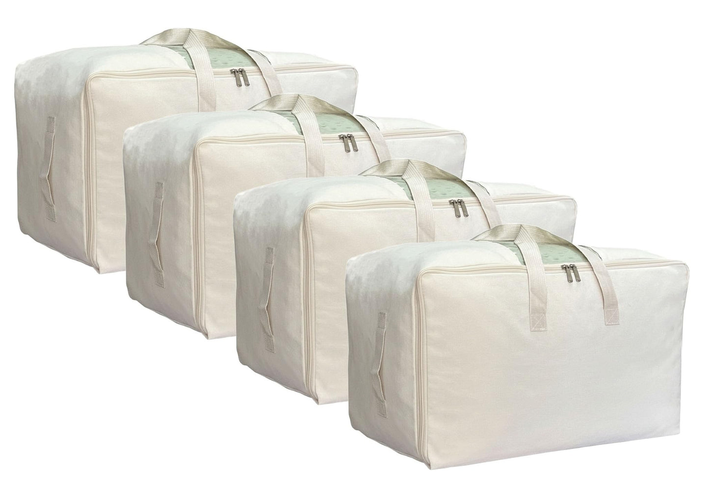 DoYiKe Soft Large Canvas Storage Bags with Zipper and Clear Window, Cotton Linen Storage Organizer for Pillows, Quilt, Blankets and Comforter, 80L, 4 Pack, Beige
