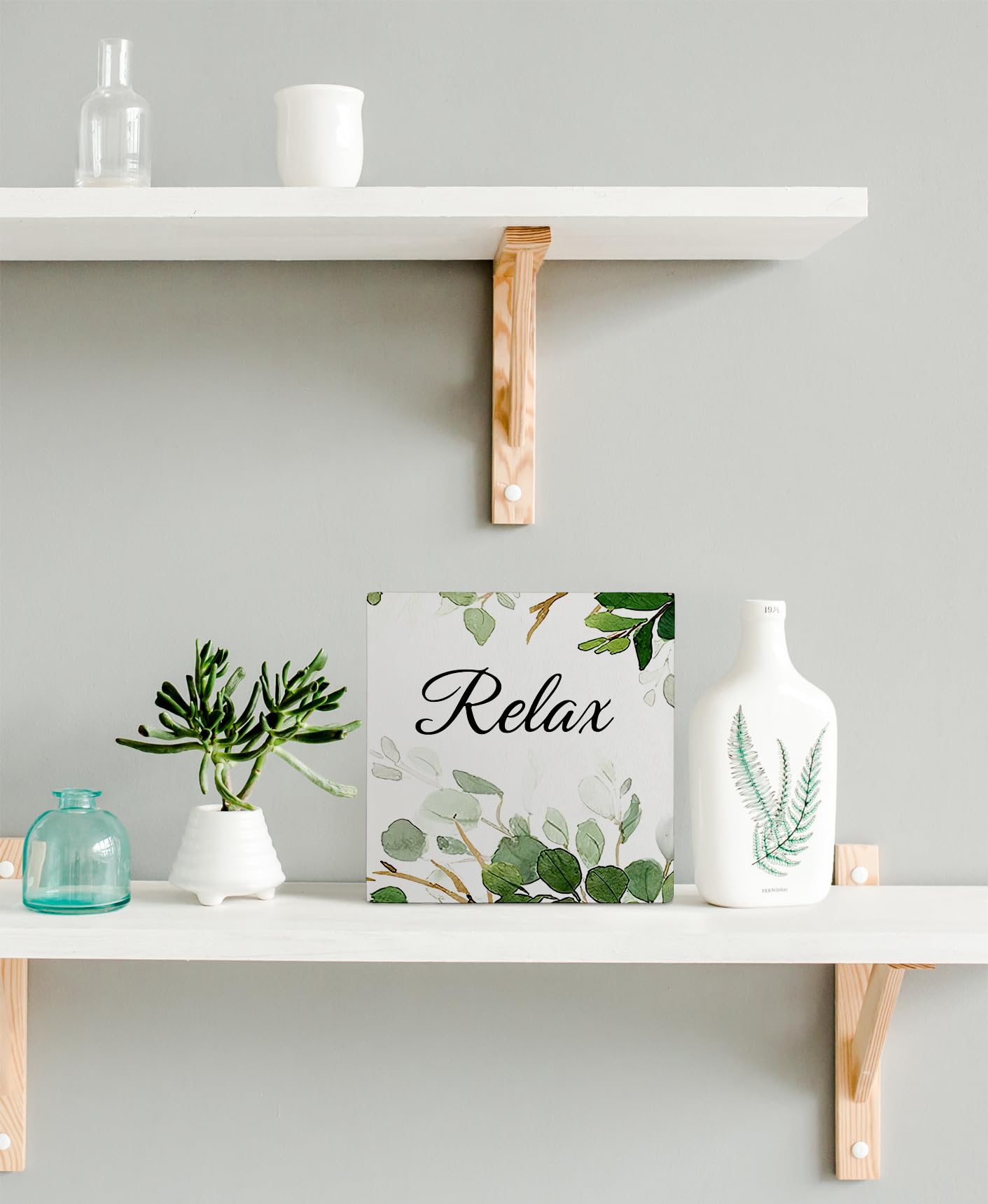 Kunlisa Relax Sage Green Wooden Box Sign, 5x5x1.18 inches, Modern Classic, Flower Theme, Tabletop, Decorative Sign for Bathroom, Workspace