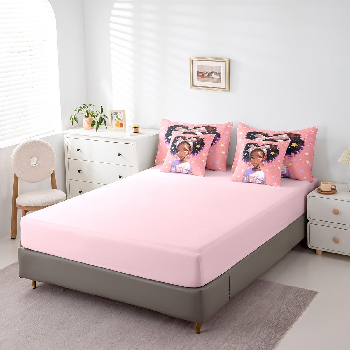 Cartoon Cute Girl Comforter Set,African American Style 7 Piece Bed Set Twin Size for Kids,Glitter Print Star Dots Bed in a Bag Bedding Set with Comforter,Sheet Set,Pillowcases,Pillow Covers