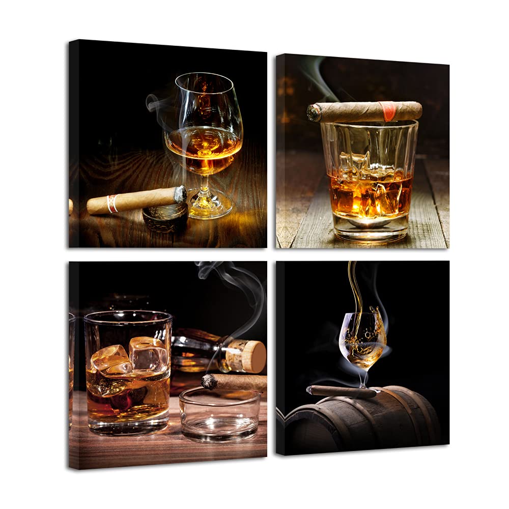 Pyradecor Cigar Wine Whisky Canvas Prints Wall Art Liquor Still Life Pictures Paintings for Kitchen Bar Pub Home Decorations 4 Piece Modern Stretched Ready to Hang Artwork