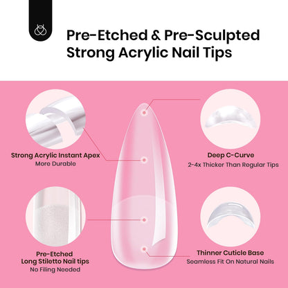 Beetles Tipex Instant Apex Nail Tips Kit Halloween Nails, Stiletto Long, 224pcs 16 Sizes, with Tipex UV Nail Glue Mini Nail Lamp,Pre-Building Pre-Etched Strong Thicker Acrylic Nail Tips Set