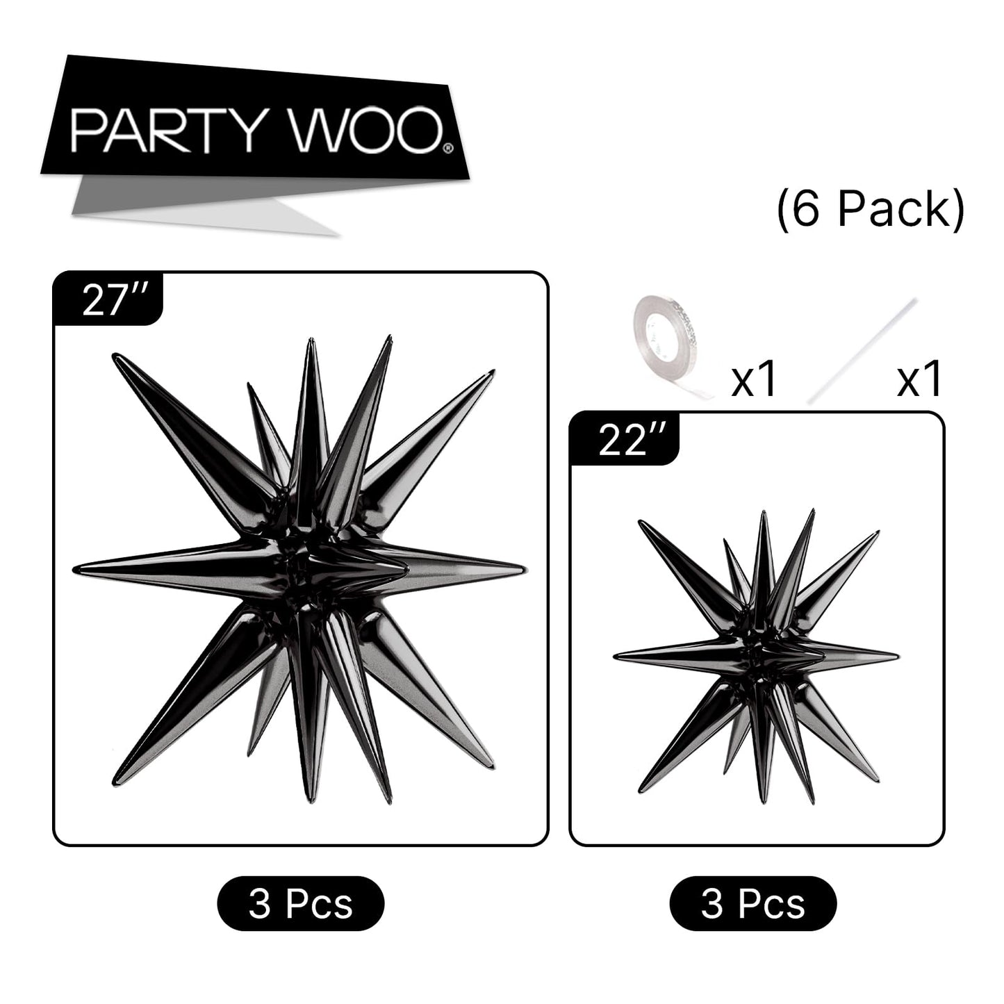 PartyWoo Black Star Foil Balloons 6pcs Different Sizes Pack of 27 22 Inch Large Black Starburst Spike Mylar Balloons for Graduation Birthday Retirement Anniversary Space Theme Party Decorations