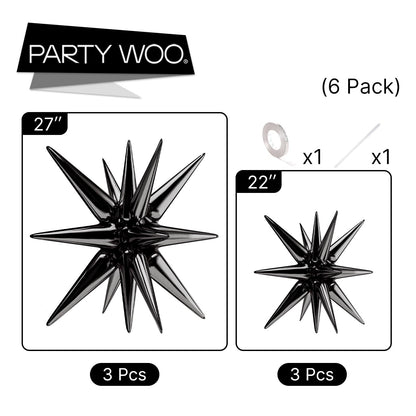 PartyWoo Black Star Foil Balloons 6pcs Different Sizes Pack of 27 22 Inch Large Black Starburst Spike Mylar Balloons for Graduation Birthday Retirement Anniversary Space Theme Party Decorations