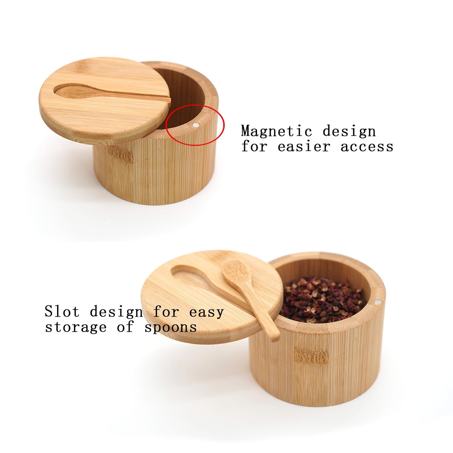 Bamboo Salt Cellar Set of 4 with Magnetic Swivel Lid & Spoon, Salt and Pepper Storage Container, Kitchen Countertop Organizer for Spices, Herbs