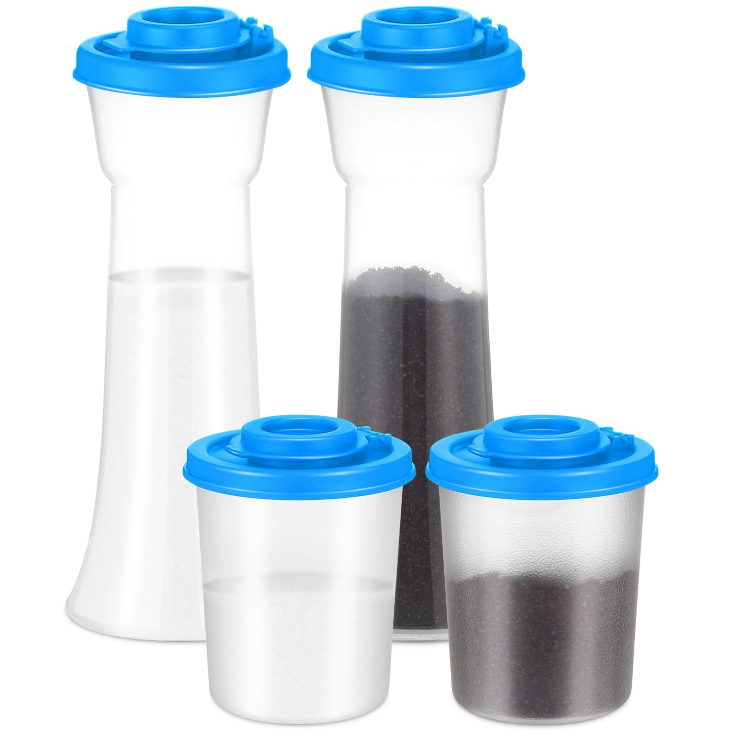 EBOOT 4 Pcs Salt and Pepper Shaker Set Hourglass Picnic Salt and Pepper Shakers Plastic Airtight Spice Jar Dispenser with Lids for Camping Outdoors Kitchen Lunch(Blue)