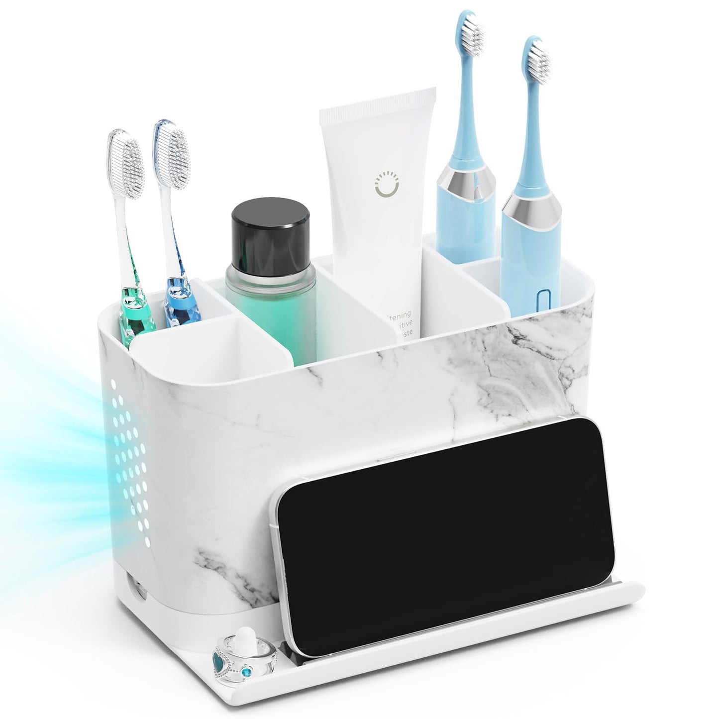 Toothbrush Holders, Toothbrush Caddy with Front Ledge and Cord Slots, Detachable Tooth Brush Holder for Bathroom Countertop, Shower, Vanity, Large Capacity 6 Slots Marble Bathroom Accessories