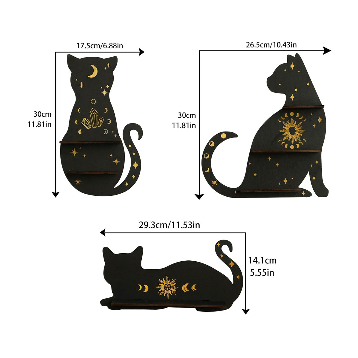 Artilady Crystal Shelf Display - 3 PCS Black Cute Cat Floating Shelves for Halloween Wall Bedroom Decor Display Shelf for Crystals and Stones Witchy Room Decorations Gift for Cat Lover