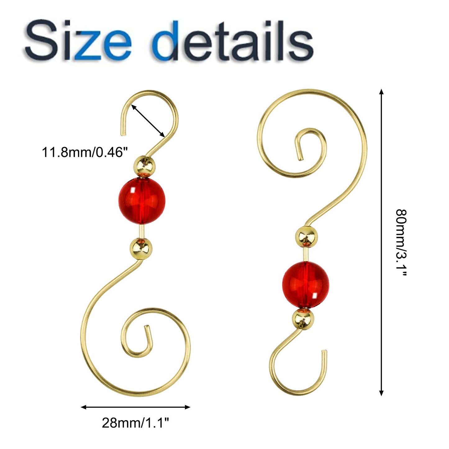 INCREWAY Wire Ornament Hooks, 30 Pcs Gold S-Shaped Christmas Tree Hanger Hooks Metal Decoration Hooks with Red Round Crystal Beads for Party, Home Decor (Gold Hook & Red Bead)