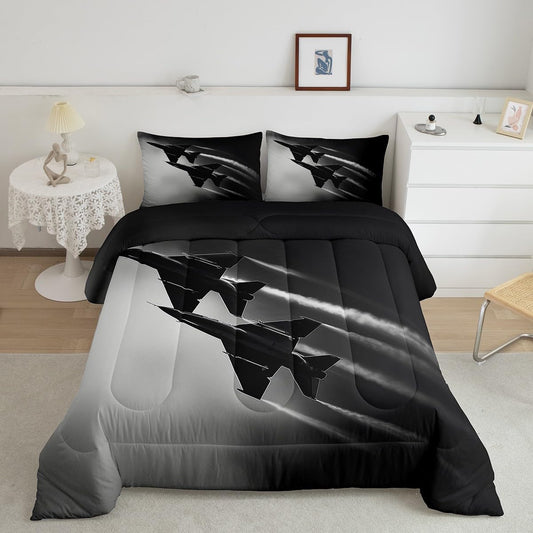 Manfei Airplanes Queen Size Comforter Set,Vintage Fighter Plane Military Style Down Alternative Adults Room Decor,Aircraft Photography Black Gray Ultra Soft Microfiber Inner Fill 3Pcs