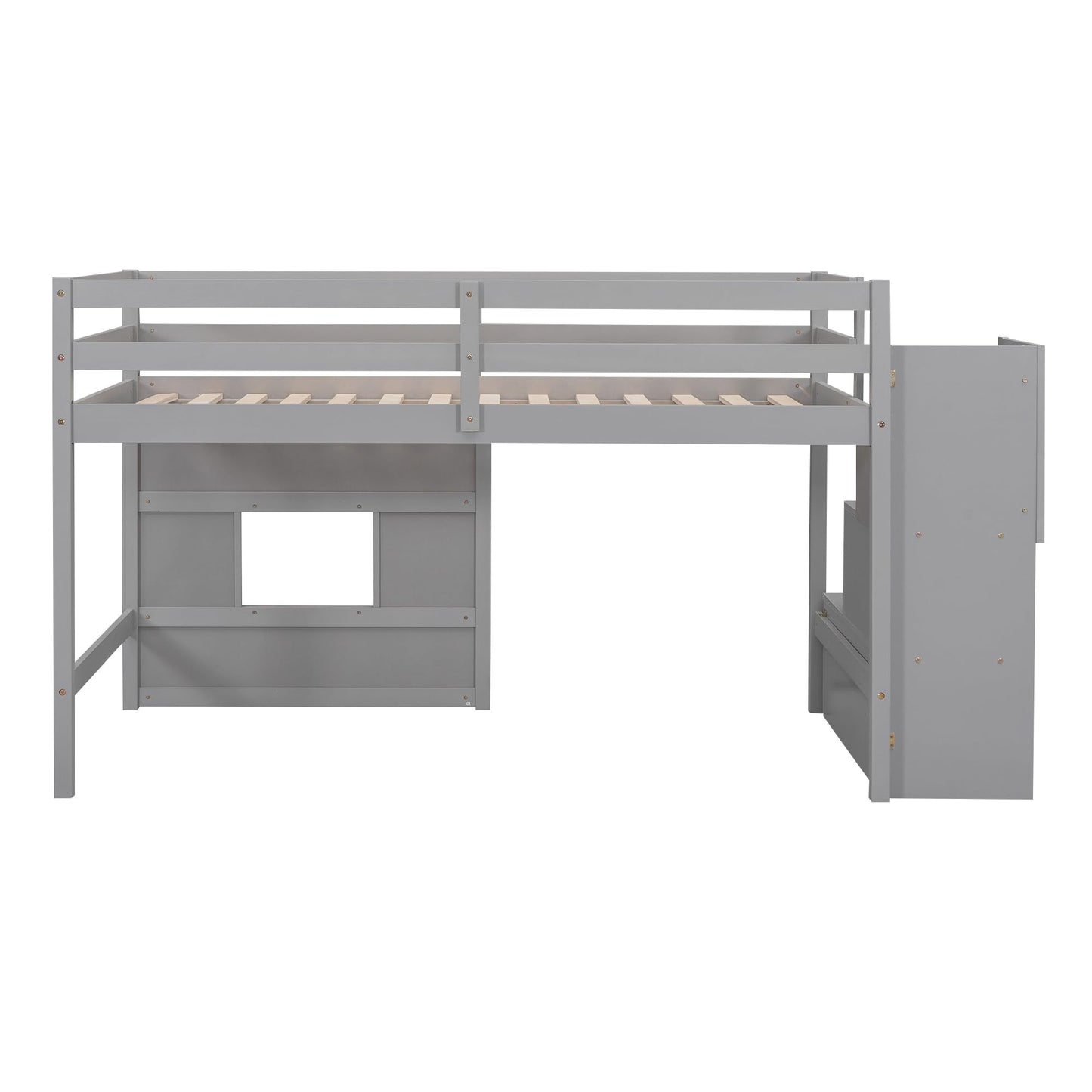 Merax Twin Size Loft Bed with Storage Staircase, Solid Wood Loft Bed Frame with LED Light and Safety Guardrail, Under-Bed Play Space, Playhouse Beds for Kids, Boys, Girls,Grey
