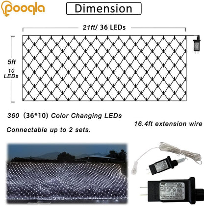 Cool White Net Lights, 360 LED Outdoor Christmas Net Mesh Lights for Bushes 21x5 ft, 8 Modes Waterproof Twinkle String Lights Connectable for Christmas Hedge Yard Garden Party Decor