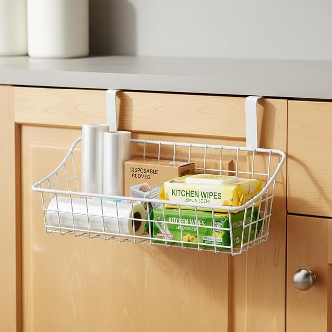 LeleCAT White Basket with hook Grid Storage Basket, Hang it behind a door or on