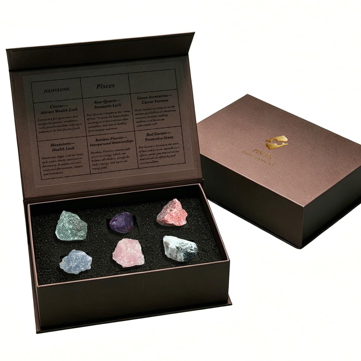 Juliful Unic Pisces Zodiac Set – 6 Crystals for Emotional Balance & Intuition, Includes Moonstone, Sunstone, Celestite + 3 in Luxury Box, Astrology Crystals Healing Stones Gifts