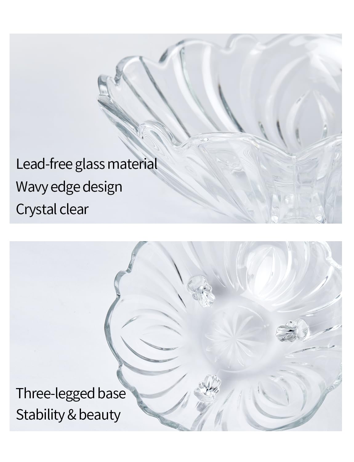 M MIMMU Clear Glass Fruit Bowl for Kitchen Counter Decor — 9 Inch Wavy Edge Pedestal Serving Bowl, Decorative Centerpiece for Fruits, Candy, Snacks, Salad - L