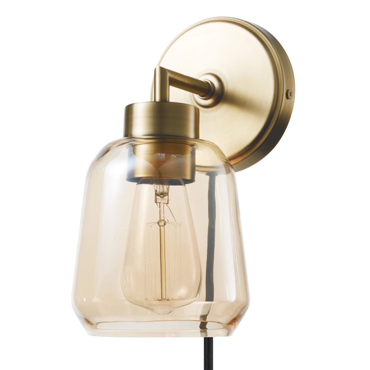 Globe Electric 51715 1-Light Plug-in or Hardwire Wall Sconce, Matte Brass, Smoked Amber Glass Shade, Black Fabric Cord, in-Line On/Off Switch, Bedroom, Living Room, Mounted Bedside Lamp