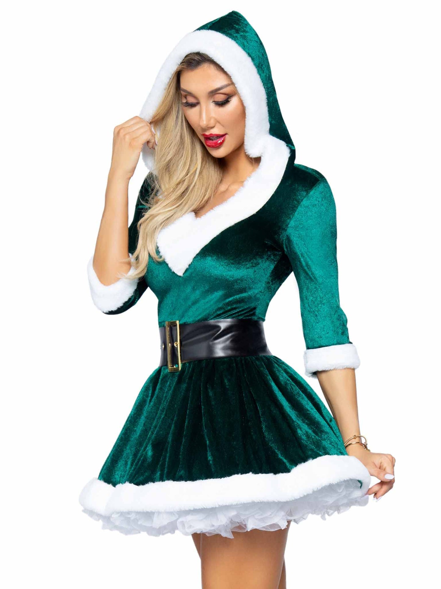 Leg Avenue Womens - 2 Piece Mrs Claus Set Velvet Hooded Dress With Belt for Christmas Adult Sized Costumes, Green, Small Medium US