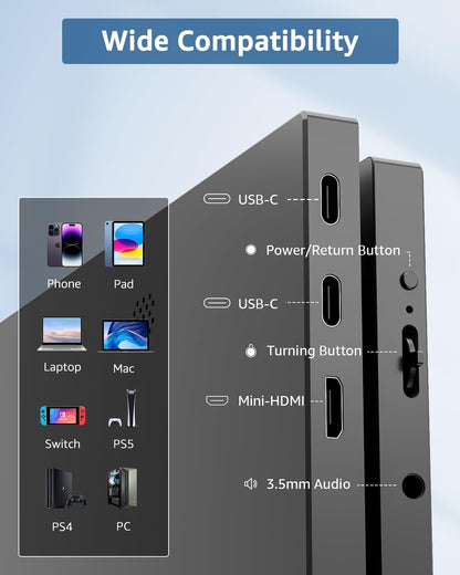 Yodoit Portable Monitor, 15.6" 1920×1080P FHD Screen IPS Display, USB-C & HDMI Connectivity, Built-in Speakers and Smart Cover, for Laptop/PC/Mac/PS3/4/5/Xbox