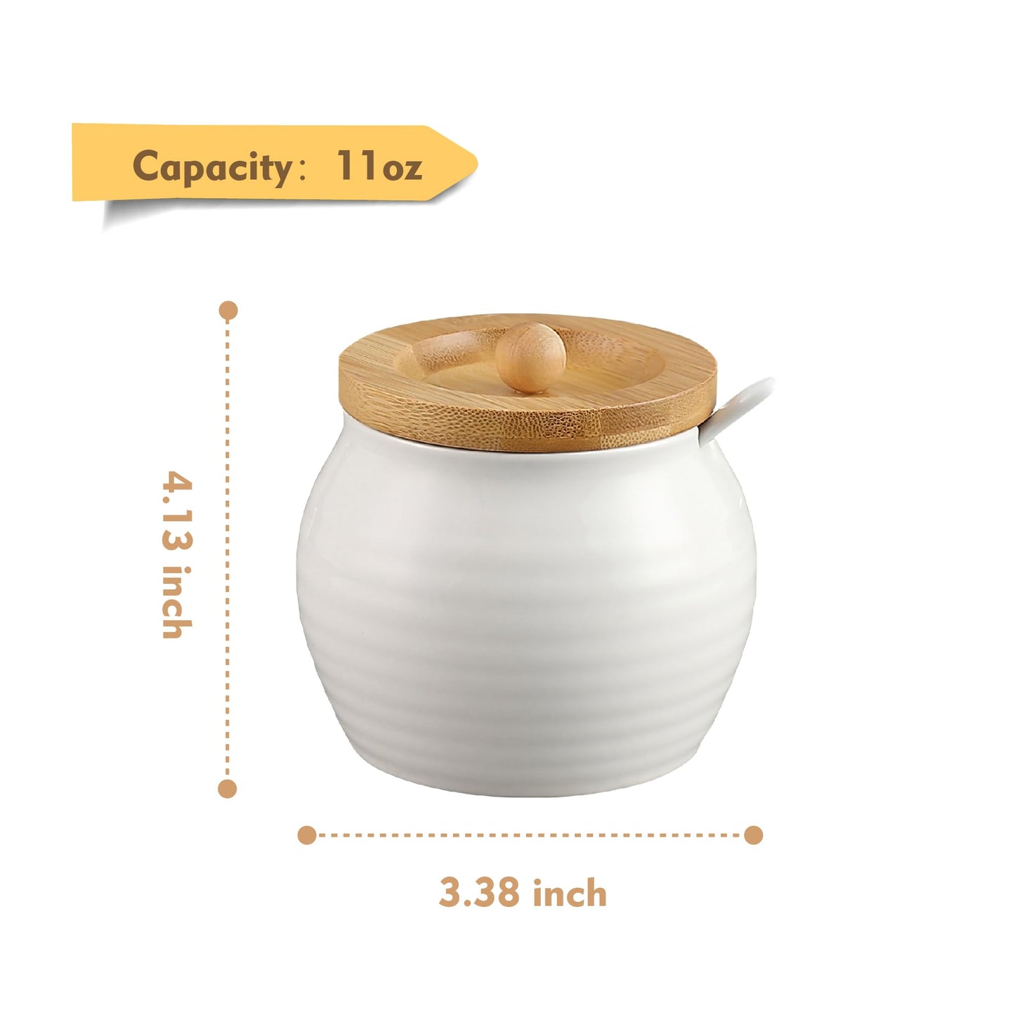 MOLADRI Ceramic Sugar Bowl with Bamboo Lid and Spoon, 11 Oz White Porcelain Sugar Salt Container Holder, Cute Farmhouse Condiment Pot for Creamer, Spice, Sugar Cube, Ghee, Coffee Bar, Countertop