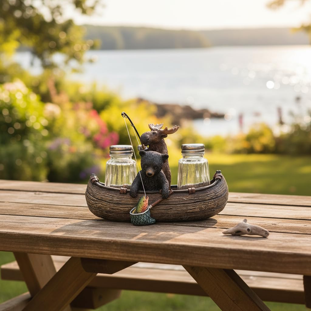 Comfy Hour 6.7" Moose and Bear Fishing in Canoe Salt and Pepper Shaker Duo (Empty Bottle Set Included), Decorative Rustic Lodge Cabin Style Figurine Holder, 1 Unit