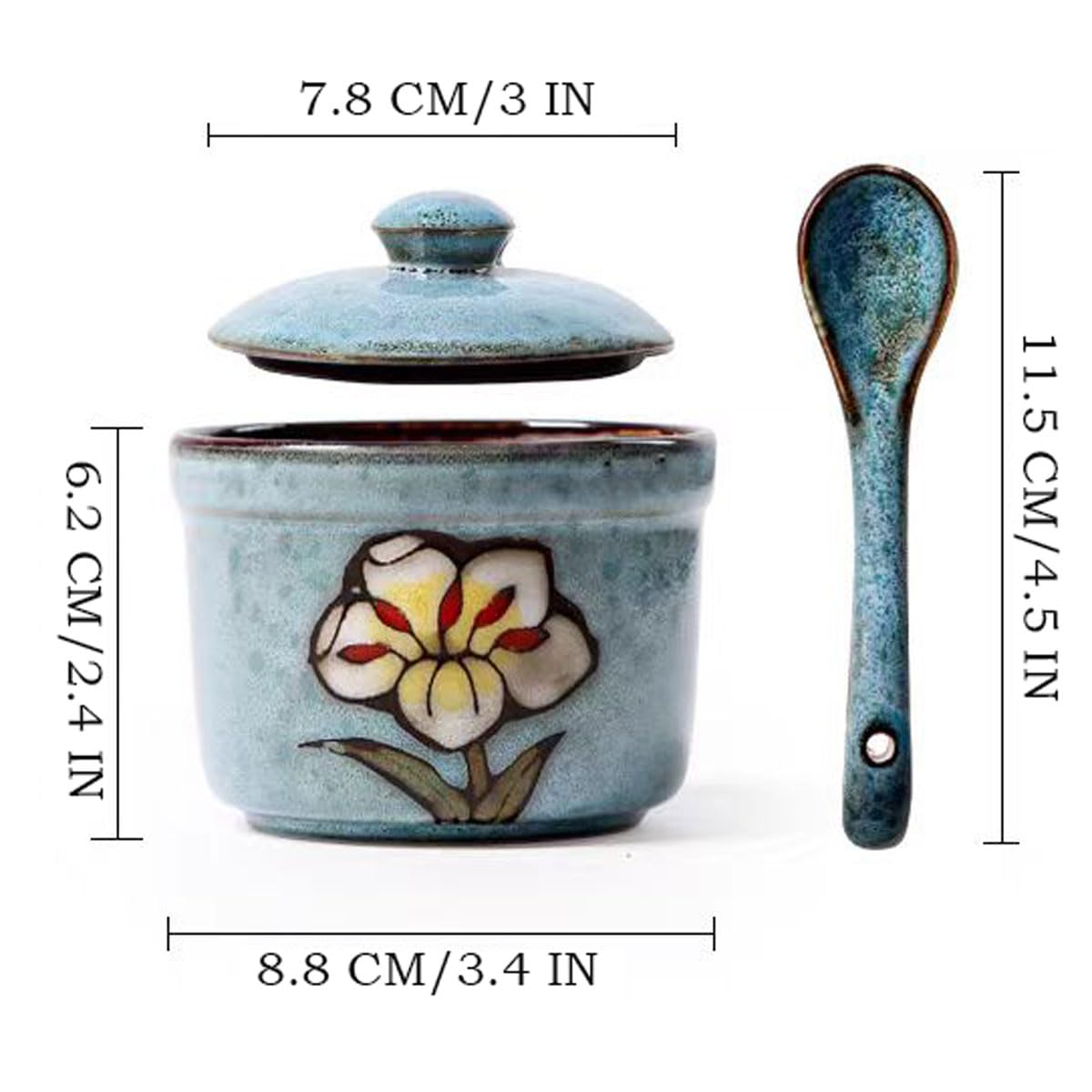 Soyestan Handmade Ceramic Sugar Bowl with Lid and Spoon, 9oz Porcelain Condiment Jar with Hand-Painted Floral Design, Colorful Seasoning Container for Sugar, Salt, Spices Kitchen (Blue)