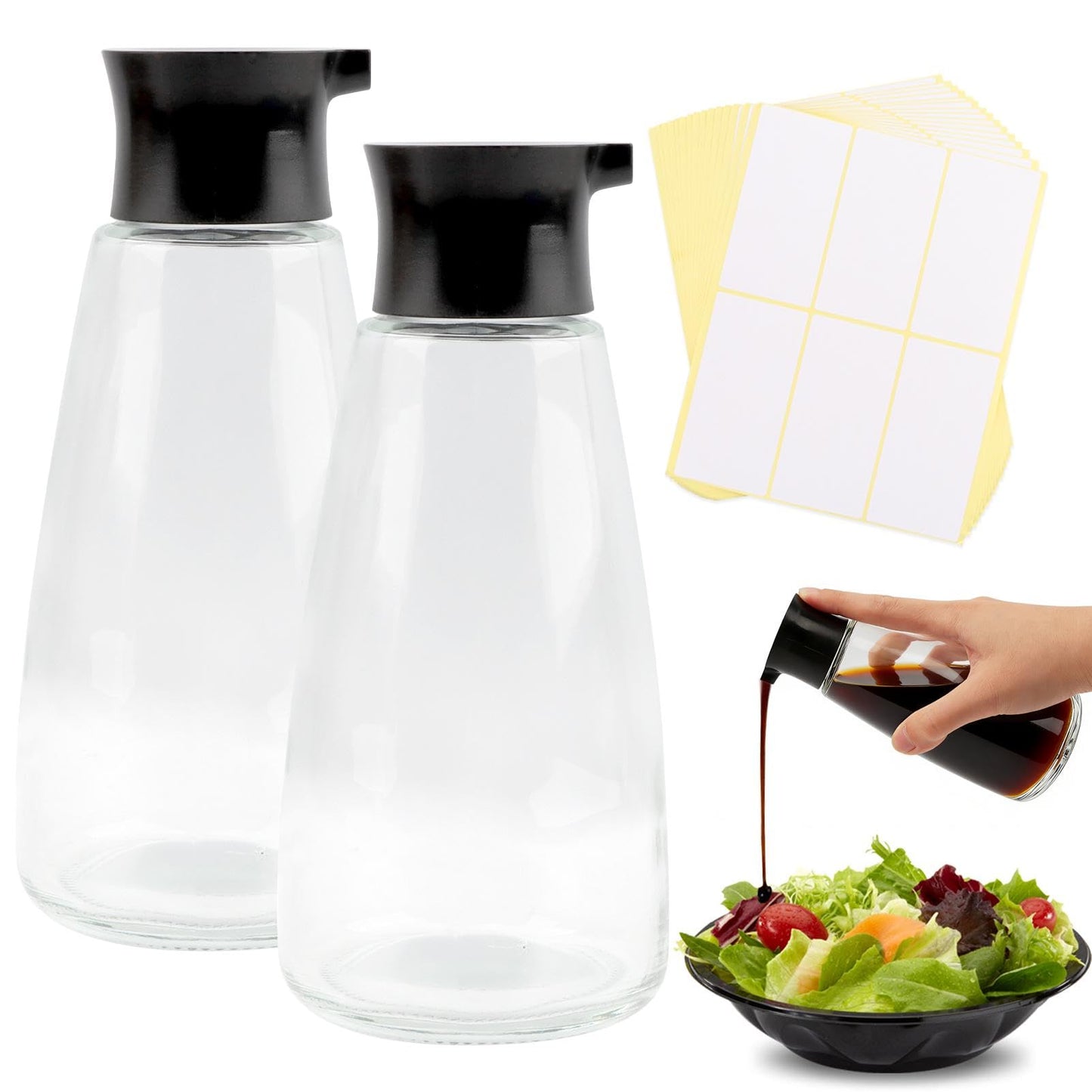 Quivorant 2pack Glass Soy Sauce Dispenser, 9.6oz Leak-Proof Clear Oil and Vinegar Bottles with Spout, Soy Sauce Containers Set with Blank Writable Labels, Cruet Dispenser for Kitchen Cooking Barbecue