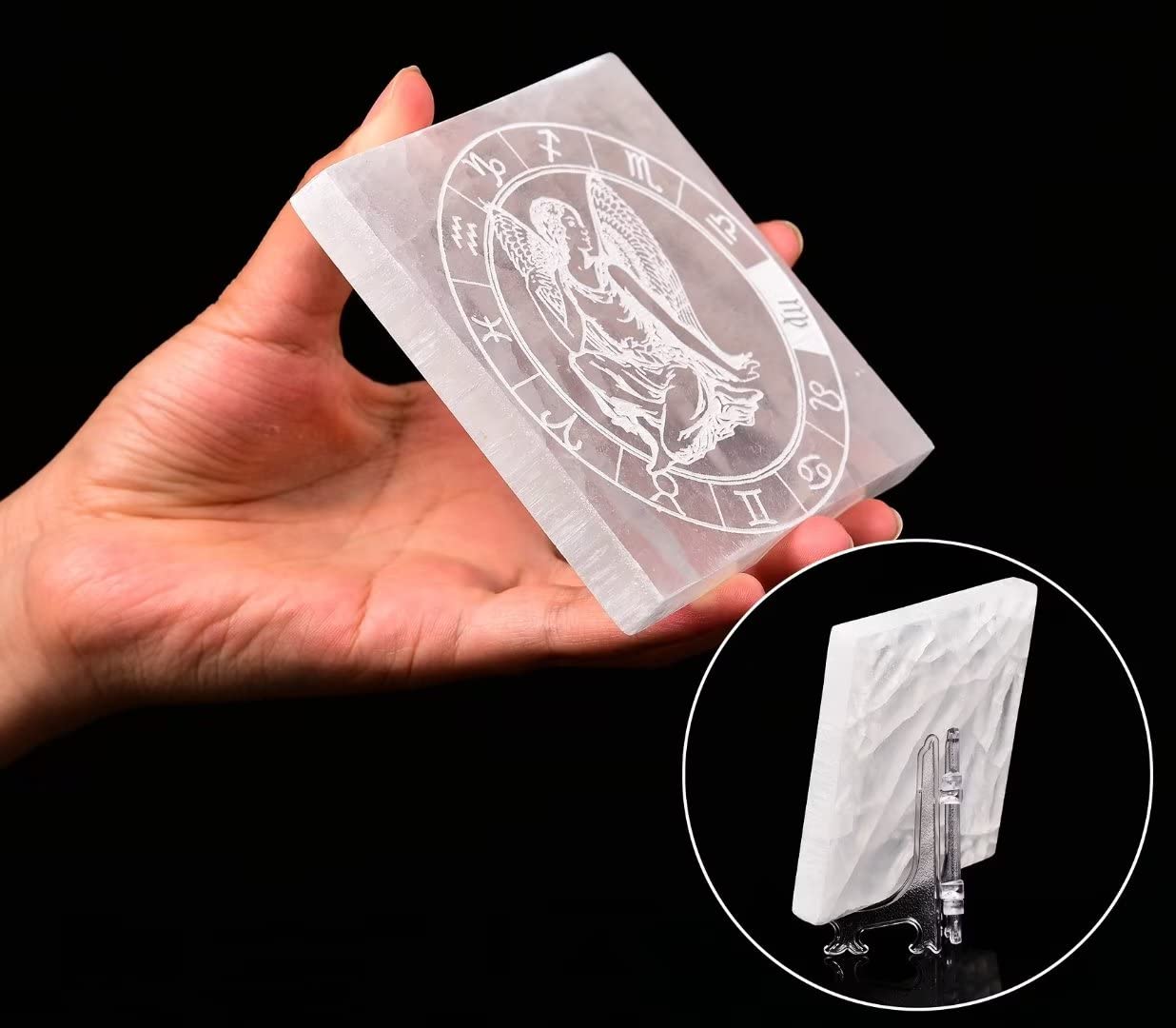 AMOYSTONE Selenite Crystal Charging Plate for Healing Crystal Stone Selenite Pieces Square Slab Etched Virgo 4" with Stand