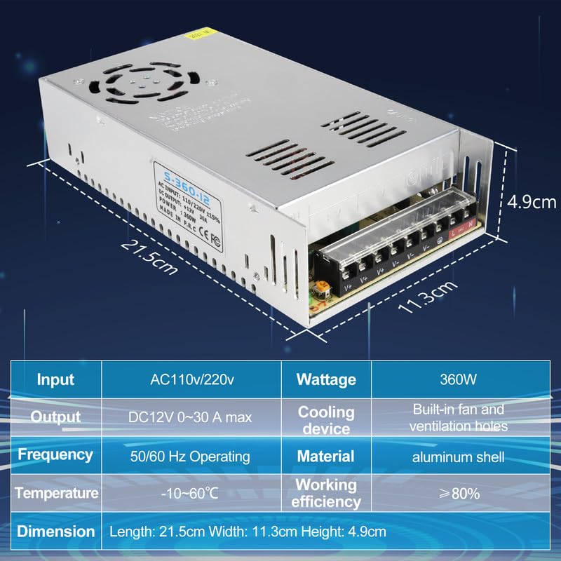 LightingWill 12V 30A 360W DC Universal Regulated Switching Power Supply, Converter AC 240V to DC 12V LED Power Adapter Transformer Driver for CCTV, LED Strip light, Radio, Computer Project